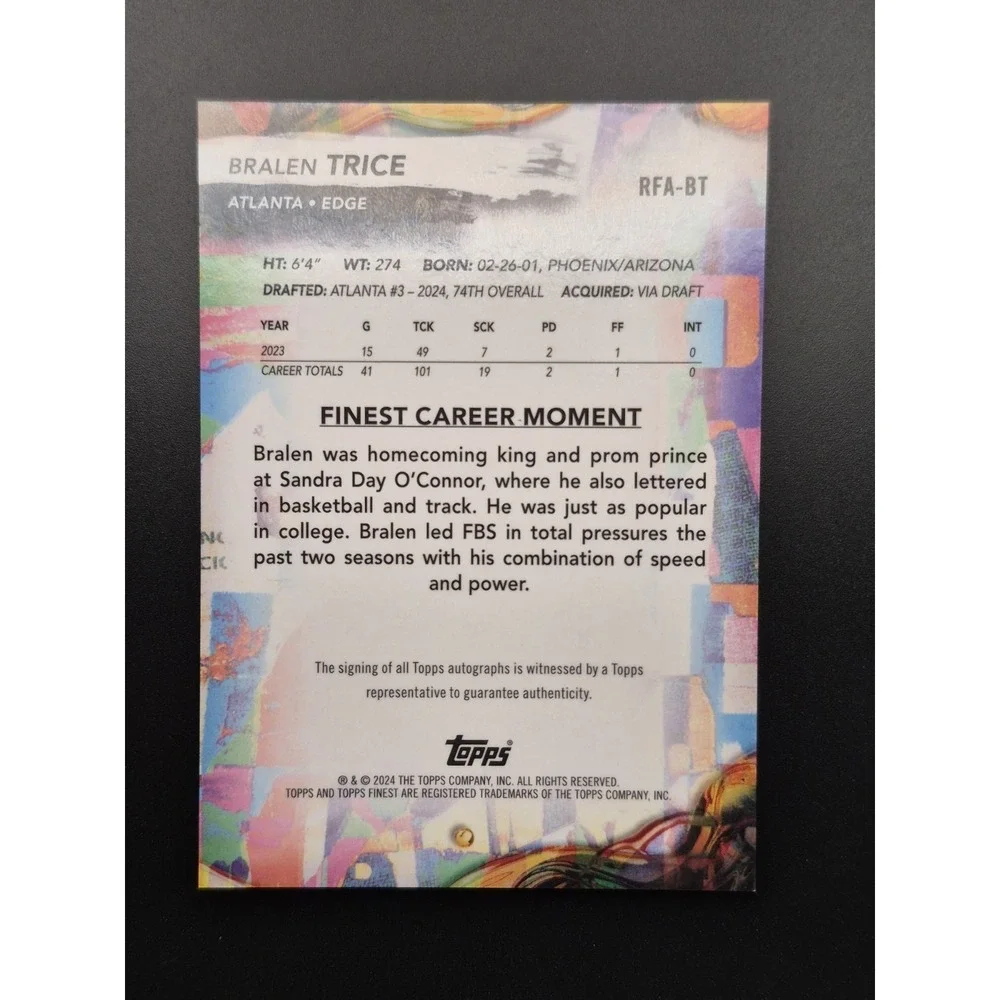 2024 Topps Finest Bralen Trice #RFA-BT Rookie Autographs (RC) (AU) Falcons